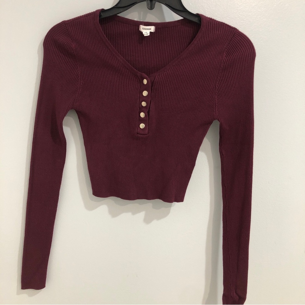 Garage Ribbed Henley Crop Top Long Sleeve Burgundy Snap Button Blouse Size S